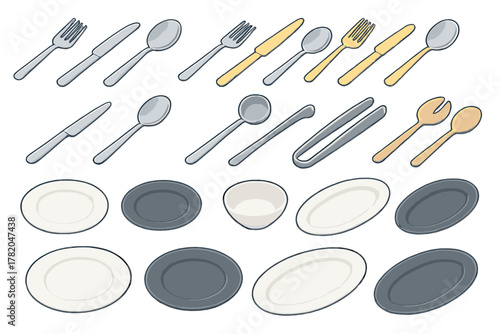 Isometric set of dining cutlery, silverware, plates, bowls, and serving tools
