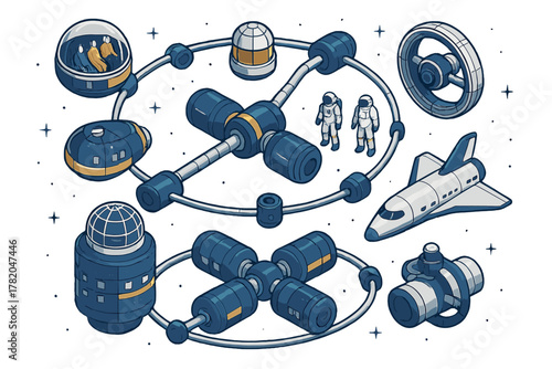 Futuristic orbital space station components set with astronauts, shuttle, and rotating habitat modules