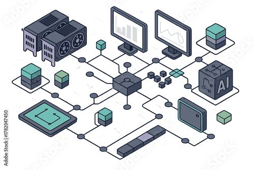 Isometric network of interconnected, data processing, and cryptocurrency mining hardware