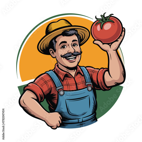 Cheerful farmer in straw hat holding ripe red tomato with mustache male agriculture
