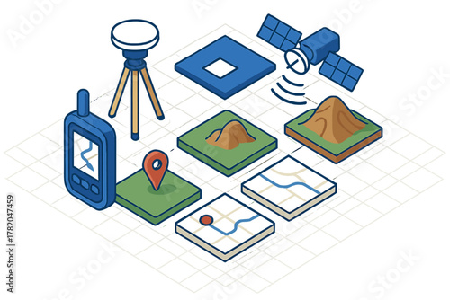 Isometric of surveying equipment, satellite communication, and geographic mapping data