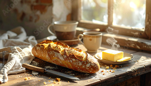 Morning coffee and fresh baguette with butter, bathed in sunlight streaming through a window