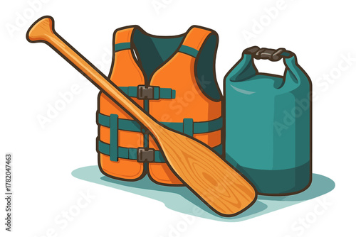 Orange life jacket, wooden paddle, and waterproof dry bag for water safety and storage