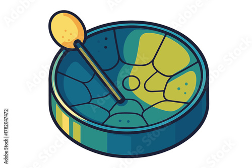 Traditional Caribbean steelpan musical instrument with a drumstick isolated on white