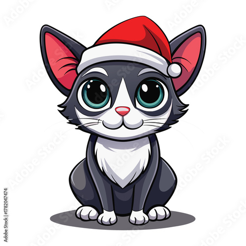 Santa Hat Cat with Green Eyes Holiday Illustration