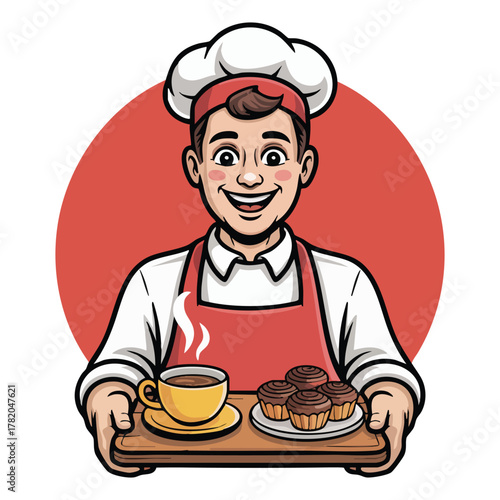 Smiling baker in red apron holding tray with coffee and muffins chef male