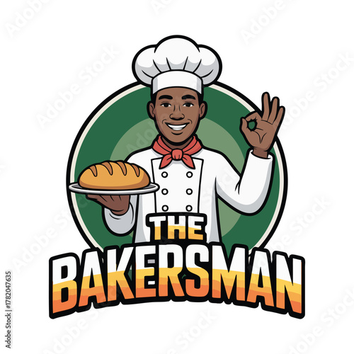 Smiling Black Chef in Uniform Holding Bread and Showing Okay Gesture baker african american