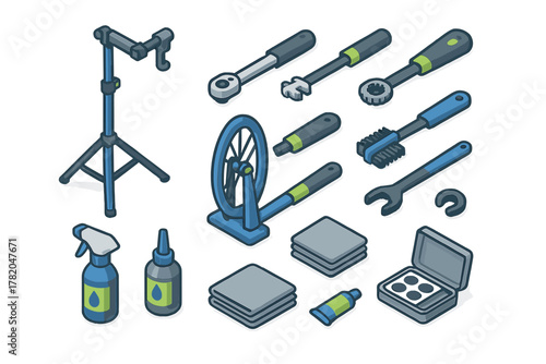 Isometric collection of bicycle repair tools, maintenance equipment, work stand, wrenches, and cleaning supplies