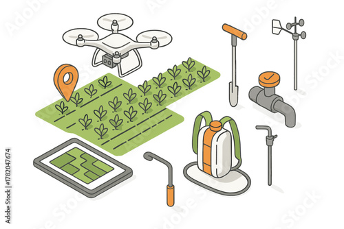 Isometric set of precision agriculture equipment including drone, GPS map, and sprayer