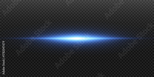 Horizontal Rays of blue light on transparent background.Laser beams 