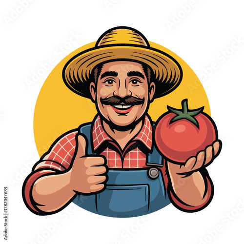 Smiling Farmer Character Holding Red Tomato Giving Thumbs Up male illustration