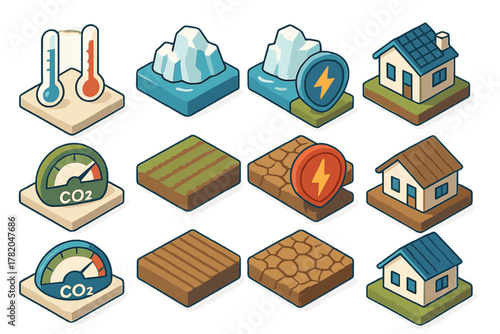 Isometric icons showing environmental climate change, global warming effects, and sustainable solutions