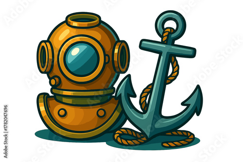 Vintage deep sea diving helmet and heavy ship anchor with coiled rope