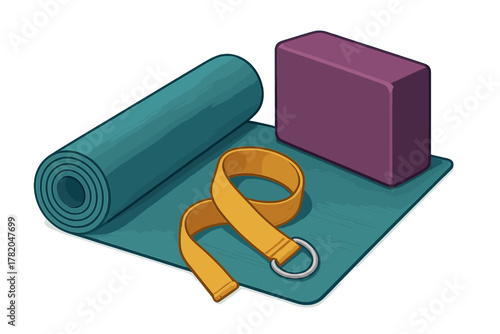 Rolled up yoga mat, purple foam block, and yellow stretching strap for fitness and meditation