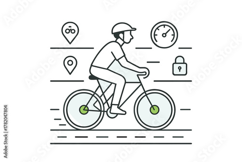 Cyclist riding a bicycle monitored by digital data tracking and security icons