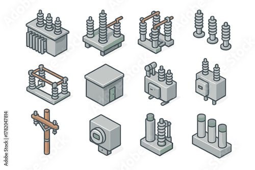 Isometric set of electrical power grid components including transformers insulators and utility pole