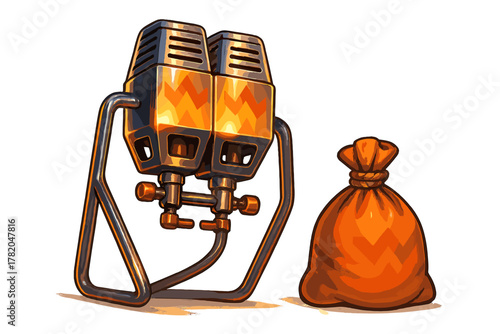 Stylized twin burner device with glowing elements next to a tied orange sack of treasure