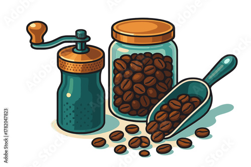 Traditional manual coffee grinder, glass jar with roasted beans, and scoop