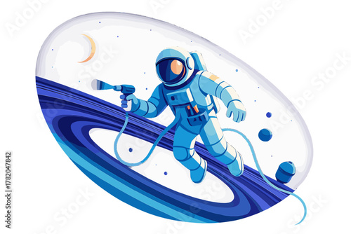 Astronaut in a spacesuit floating through the cosmos near abstract blue rings and a crescent moon
