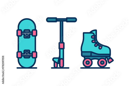 Skateboard, kick scooter, and quad roller skate recreational equipment in bright teal and pink