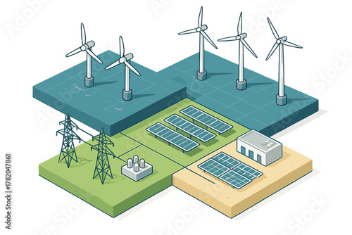 Clean energy infrastructure layout with wind farms, solar power plants, and high voltage transmission towers