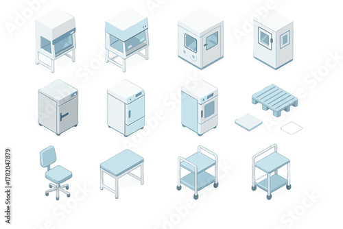 Essential laboratory and medical equipment including laminar flow hoods, sterilizers, carts, and furniture