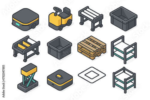 Isometric warehouse logistics equipment set with autonomous guided vehicles and storage bins