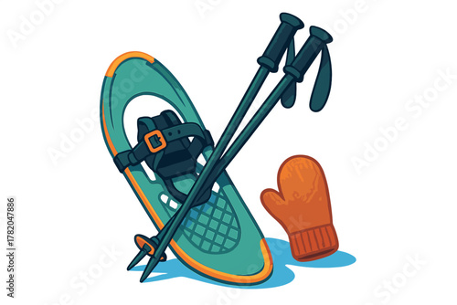 Snowshoeing gear set with modern snowshoes, trekking poles, and a cozy orange mitten