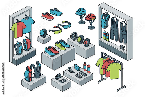 Retail display of athletic gear including running shoes, cycling helmets, jerseys, and smart watches