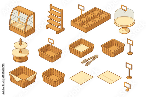 Isometric collection of wooden retail display furniture, baskets, shelves, and serving accessories