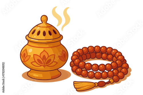 Traditional golden censer releasing aromatic smoke next to a coiled string of brown wooden prayer beads