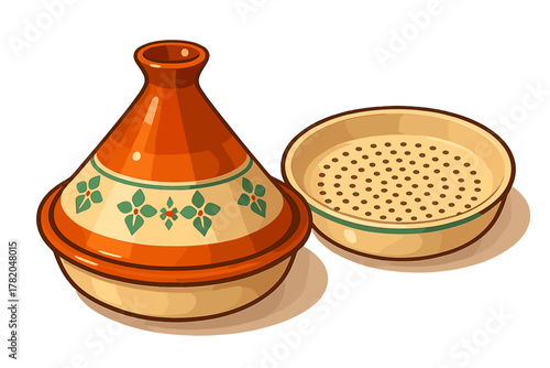 Traditional Moroccan ceramic tagine cooking pot with decorative conical lid and steamer insert