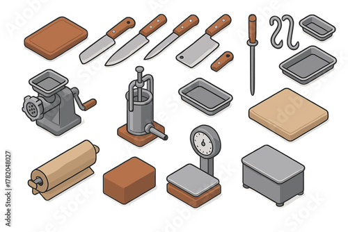 Essential tools assortment for meat processing and butchery, including knives, grinder, and scales