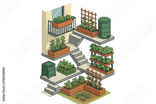 Sustainable multi-level urban garden setup with raised planters, composting bin, and rainwater harvesting system