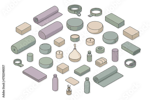 Isometric collection of yoga and wellness accessories mats blocks bolsters and aromatherapy items