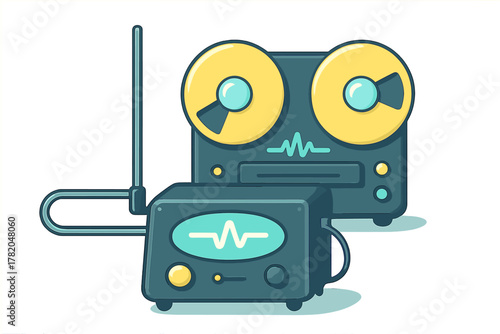 Vintage reel-to-reel tape recorder and sound monitoring unit with audio waveform display