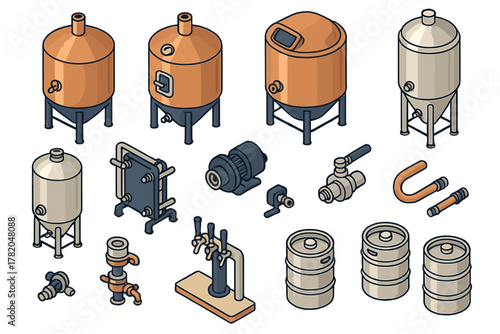Isometric set of brewery equipment including fermentation tanks, bright tanks, kegs, and pumps