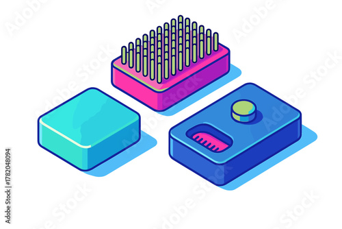 Vibrant isometric collection featuring a scrubber brush and rectangular geometric shapes