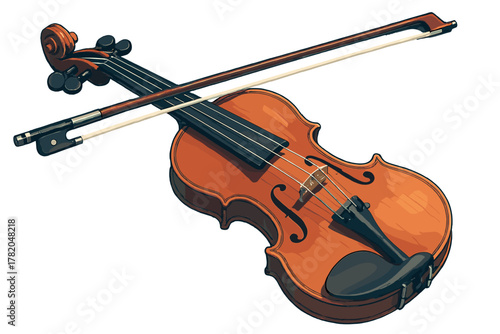 Traditional wooden violin and bow lying across the strings on a white background