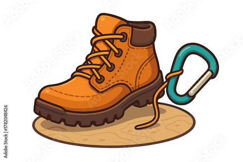 Rugged hiking boot and climbing carabiner symbolizing outdoor adventure and safety