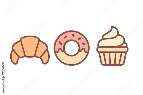 Sweet breakfast and dessert icons featuring croissant donut and cupcake