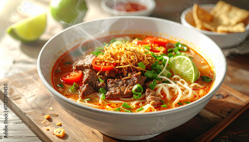 Delicious bowl of spicy beef noodle soup, garnished with fresh herbs, lime, and crispy fried onions, served hot