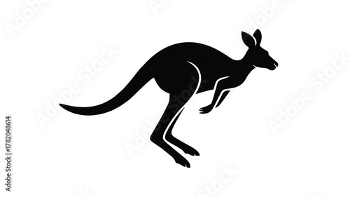 A black silhouette of a kangaroo in mid-leap against a pure white background.  
