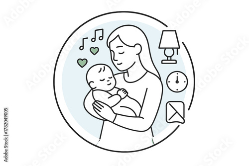Mother holding sleeping newborn baby surrounded by icons symbolizing care, time, and love