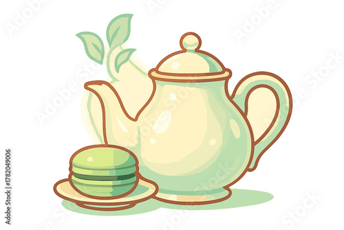 Elegant ceramic teapot with steaming tea leaves and a green macaron cookie on a small saucer