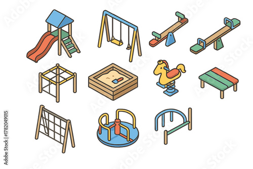 Isometric view of children's park equipment set: slide, swings, seesaw, and sandbox