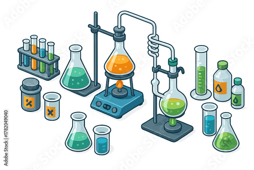 Isometric view of chemistry laboratory equipment setup with distillation apparatus, flasks, and colorful liquids