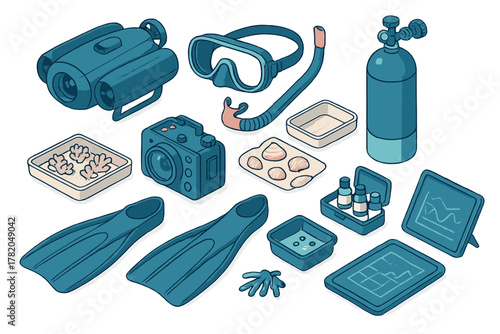 Isometric collection of scuba diving equipment, underwater camera, and marine science tools