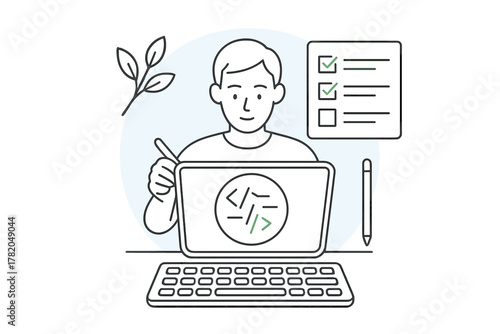 Focused software developer working on code and managing tasks using a laptop and keyboard