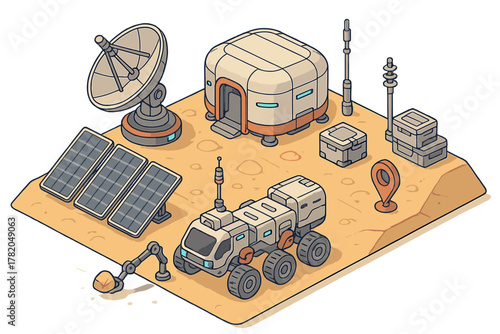 Futuristic isometric space colony base with rover, habitat, solar panels, and satellite dish on alien planet surface